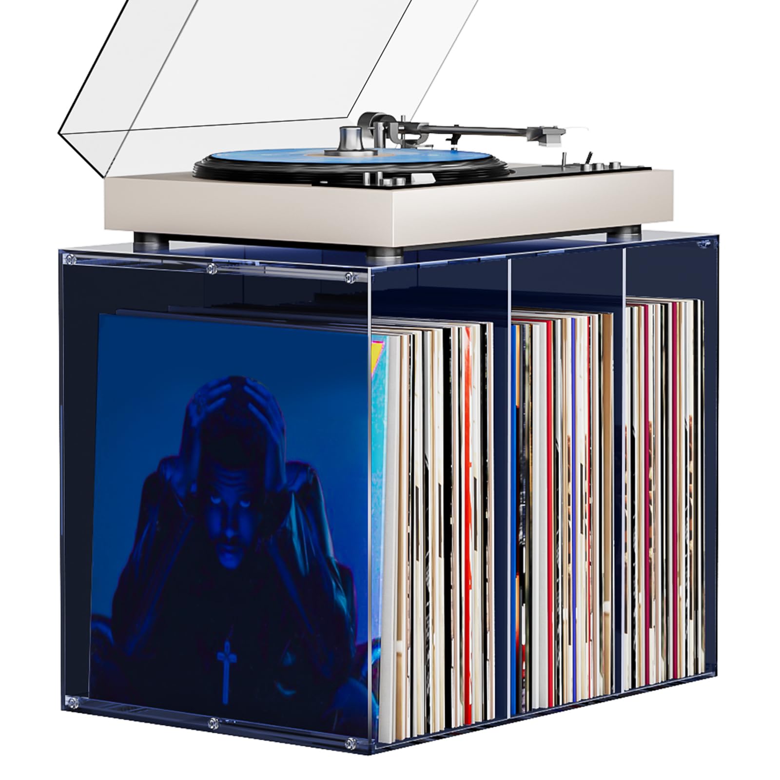 Bikoney Vinyl Record Storage, Midnight Blue Acrylic LP Holder, Stackable Desktop Album Crate for 50+ Records, Crystal Clear Tinted Vinyl Display Stand for 12 inch LPs