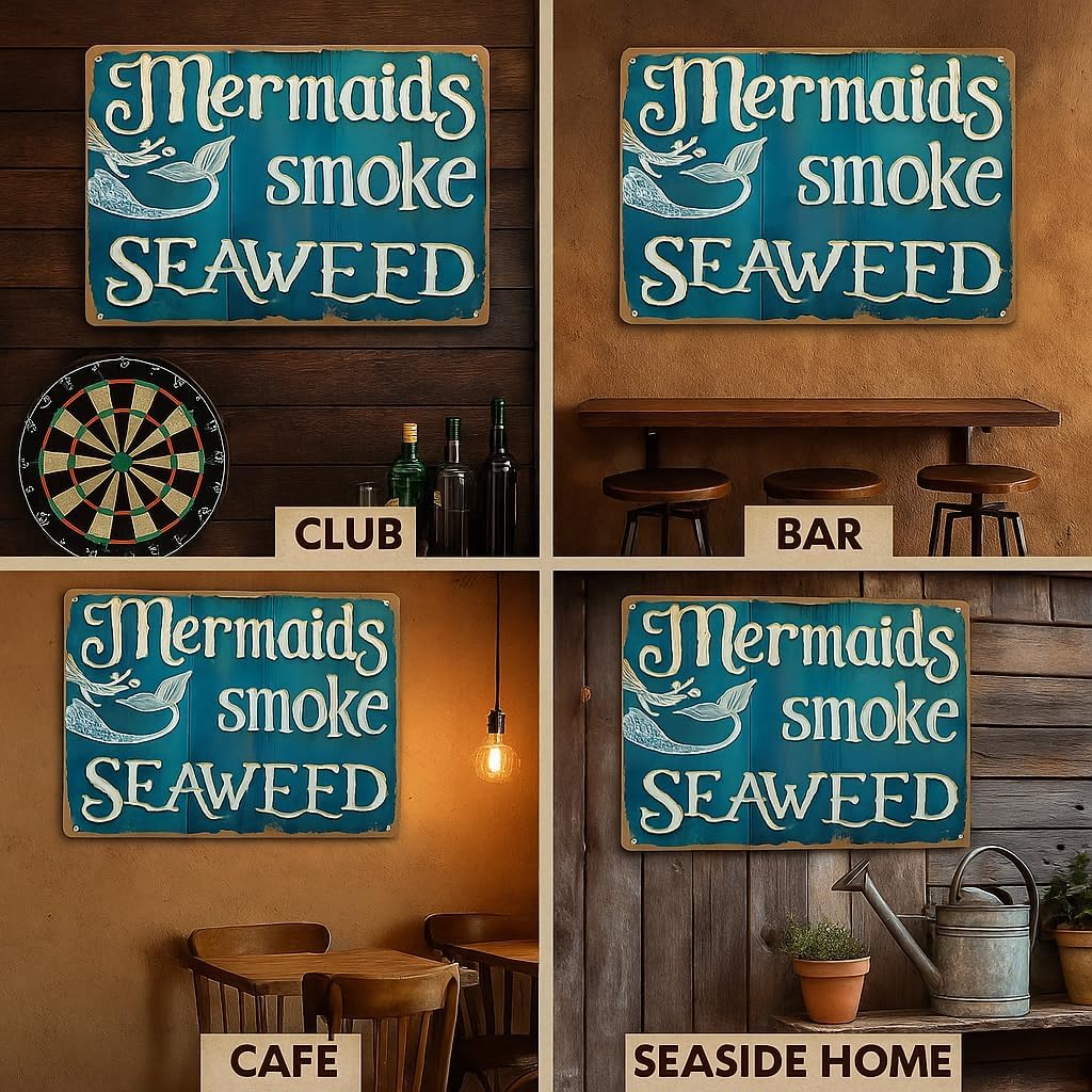 Mermaid Graman Home Metal Tin Sign Smoke Seaweed Wall Decor For Bathroom Club Room Garage Decoration 8x12 Inch 12x8 Inch Tinplate image 5