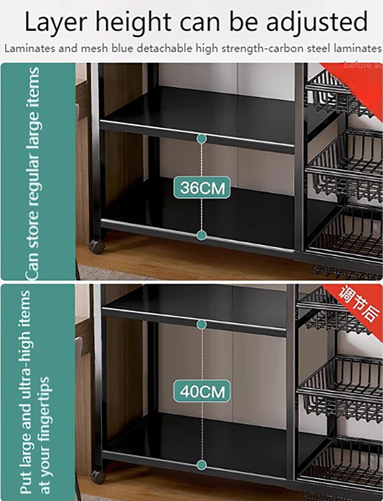 Carrito rodante de metal de 4 niveles con cestas de malla de acero, organizador multiusos para cocina, garaje y despensa, solución de almacenamiento duradera con ruedas