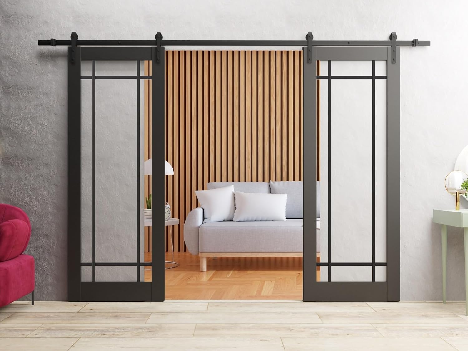 Sturdy Double Barn Door with Clear Glass | Lucia 2266 Matte Black | 13FT Rail Hangers Heavy Set | Solid Panel Interior Doors-64" x 84" (2 * 32x84)-Black Rail-Clear Glass