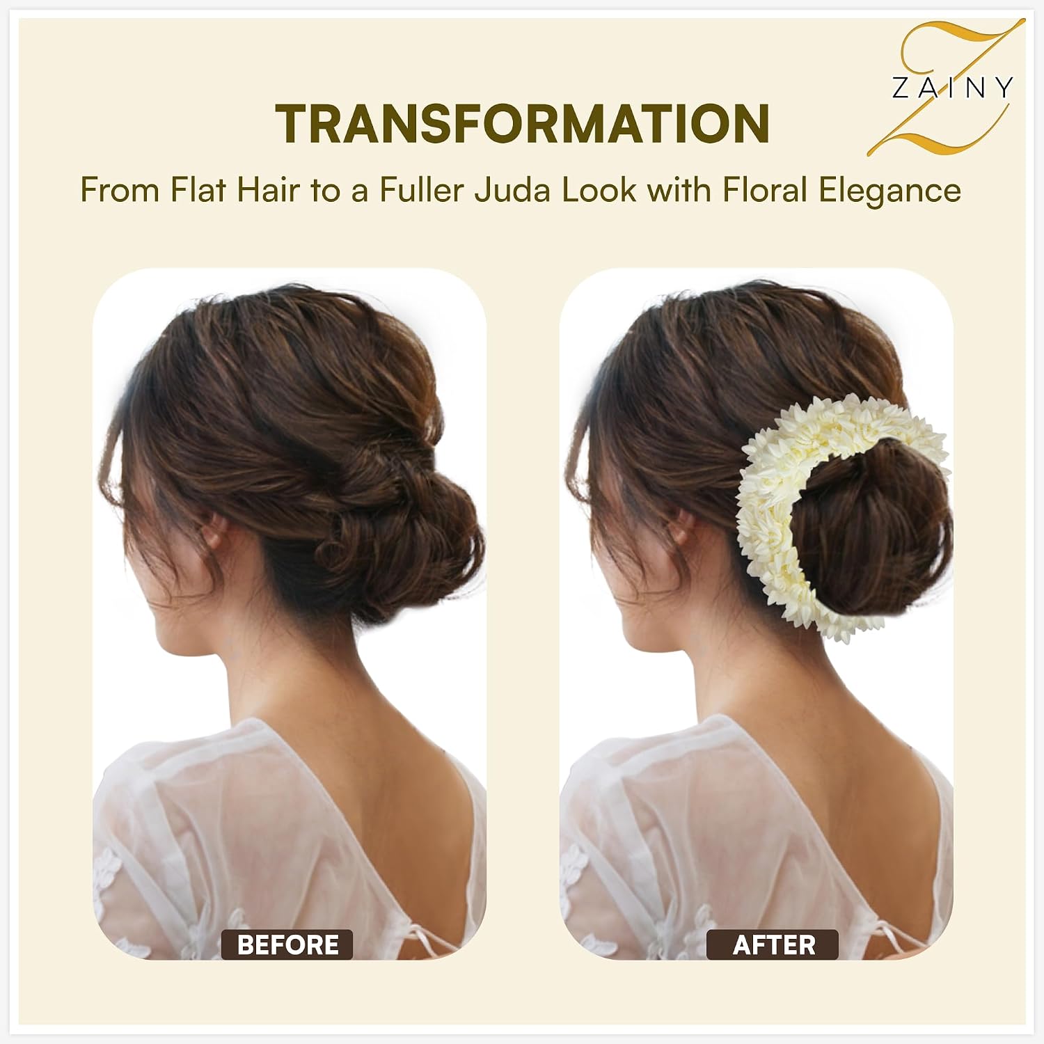 ZAINY 4 Mogra Gajra for Hair Indian Bun Braid, Artificial Scented Hand Gajra Bracelet, Jasmine Flower Scrunchie, Traditional Veni Bridal Hair Accessories for Women, Floral Indian Wedding 4 Pack