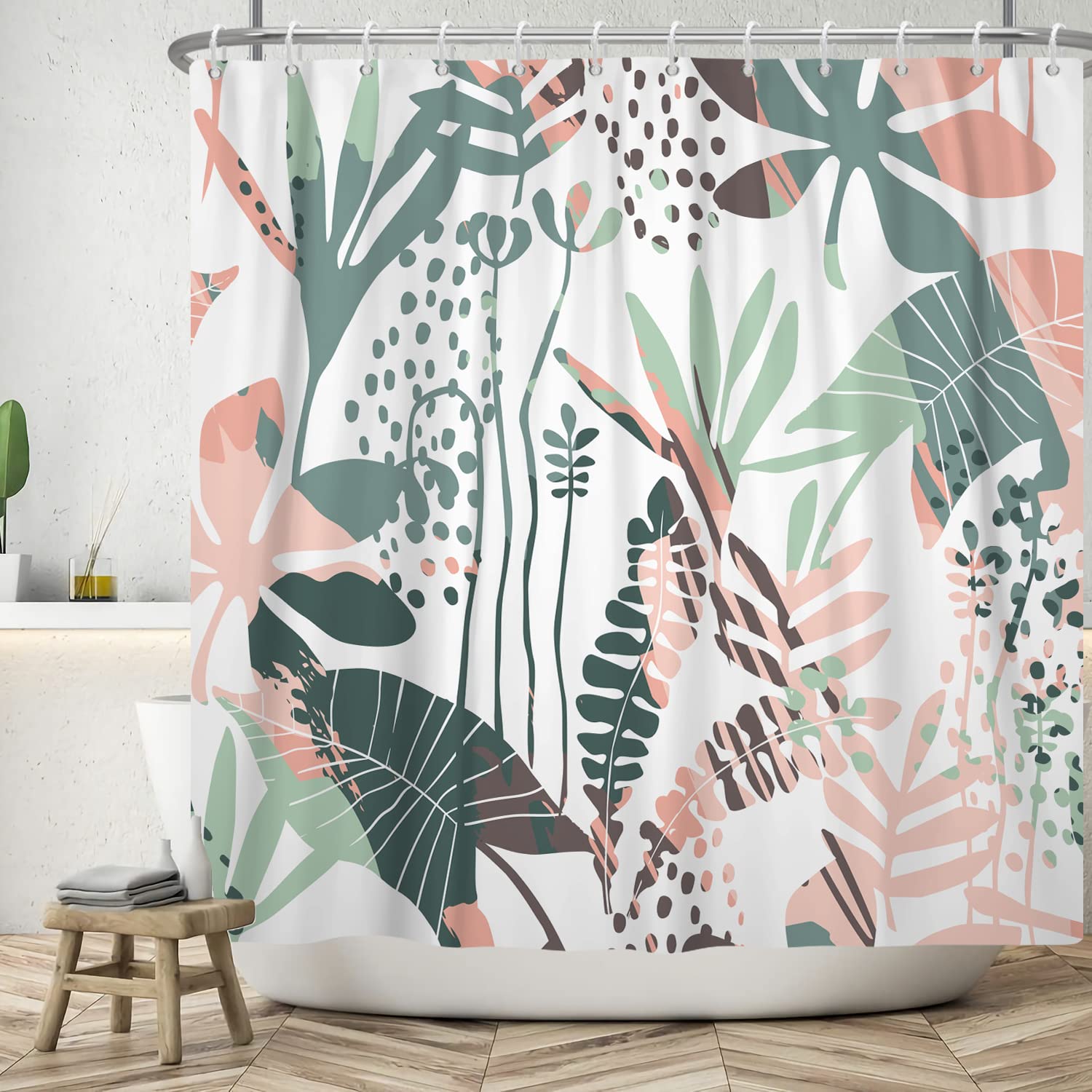 Ttincceer 183x198cm Abstract Shower Curtain Pink Green Watercolor Plant Leaf Bathroom Curtains with Hooks Boho Palm Leaf Plantain Leaves Waterproof Bathtub Decorative Supplies Home Decor — image 1