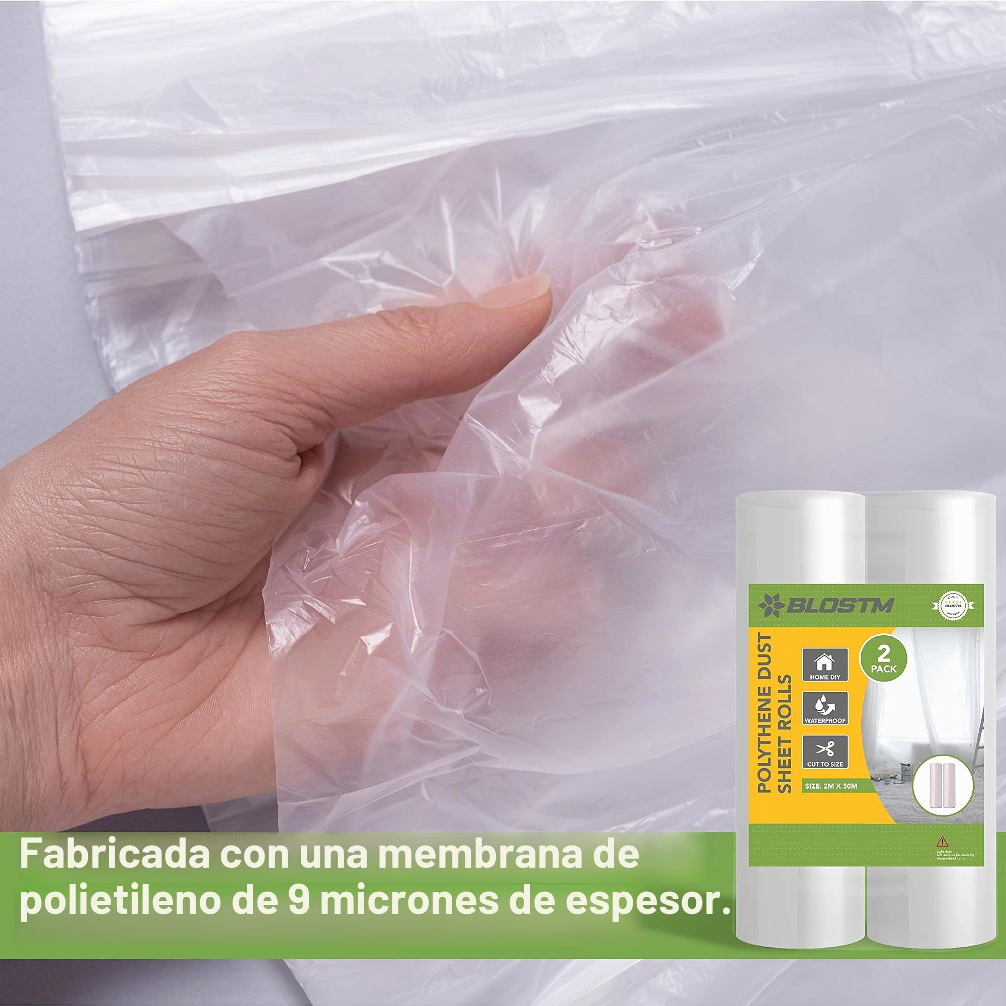 BLOSTM Plasticos para Cubrir Muebles - 2m x 50m Grande Rollos de Plastico Protector 2pcs para Muebles, Alfombras y Decoración - Plastico Cubretodo Exterior y Interior Impermeable (2 Piezas)