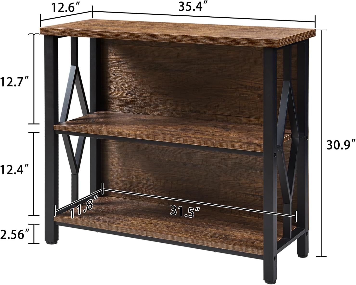 Size 35.43W x 12.6D x 30.9H.HOMISSUE Bookshelf, 3-Tier Rustic Short Bookshelf, Industrial Shelf Bookcase with Engineered Wood Shelves, Low Bookcase with Storage, Small Shelf for Living Room, Bedroom and Office, Rustic Brown