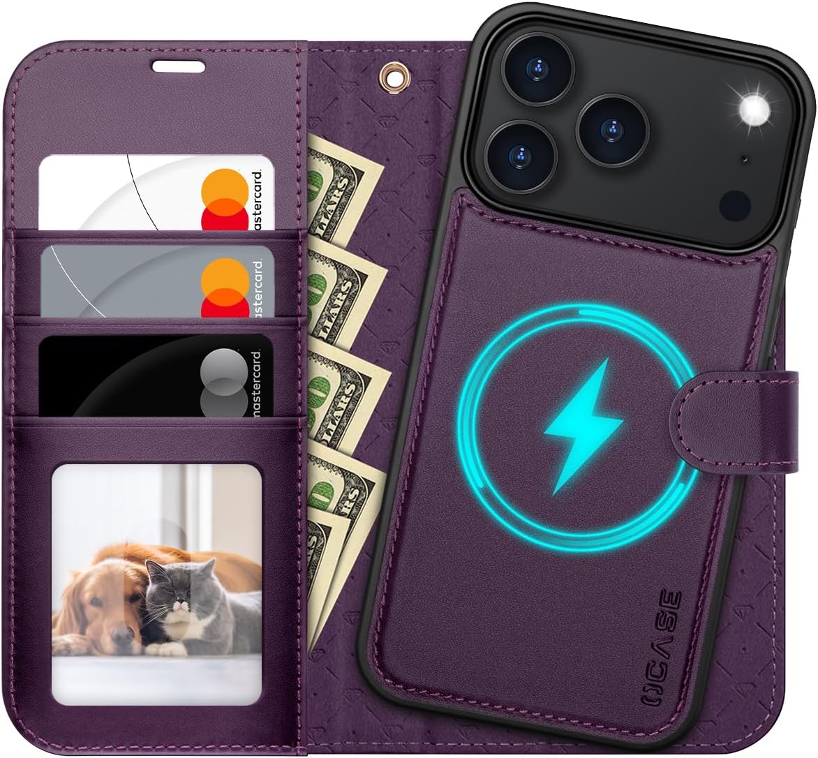 ocase for iphone 17 pro detachable wallet case with card holder, 2 in 1 pu leather flip folio with rfid blocking stand wrist strap shockproof phone cover 6.3 inch 2025, dark purple dark purple iphone 17 pro