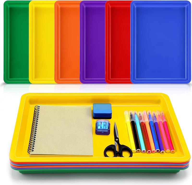 6 Pack Large Plastic Art Trays for Classroom, 16x12x1 Inch,Rainbow | Plastic Paint Trays for Kids Craft Activity Sensory Play Stackable Organizer for Preschool Art Projects Jewelry Beads Sorting