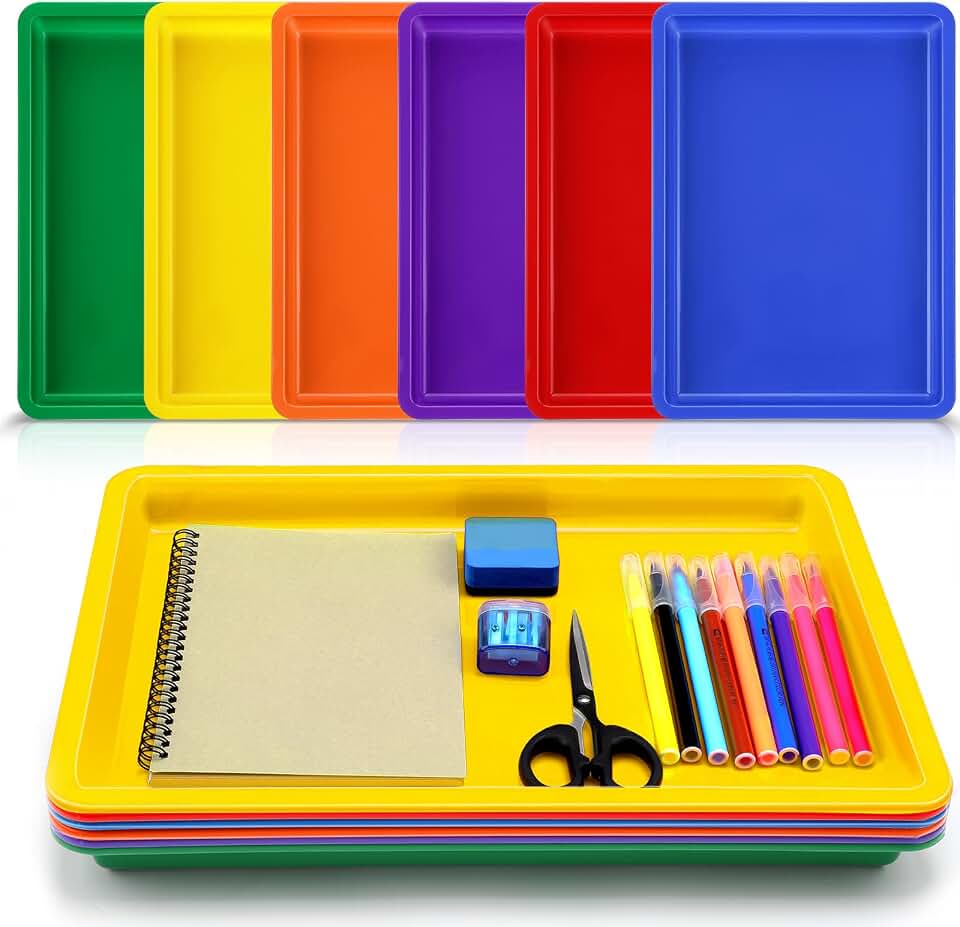 6 Pack Large Plastic Art Trays for Classroom 16x12x1 Inch Stackable Activity Tray for Kids Craft Painting Sensory Play Organizer School Work Art Project Jewelry Sorting Supply, 6 Rainbow Color