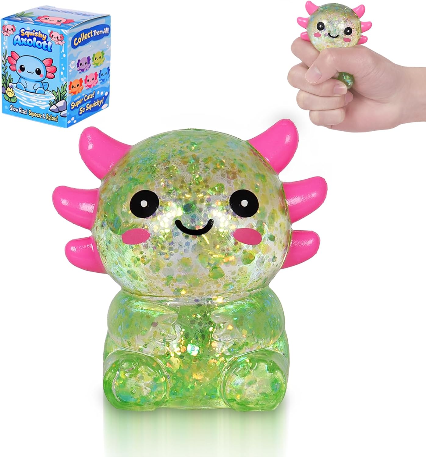 Axolotl Squishy Stress Ball, Soft TPR Slow Rising Squeeze Toy, Cute Axolotl Fidget Toy for Stress Relief, Anxiety Calming Sensory Toy for Kids Adults(Green Seated Axolotl)