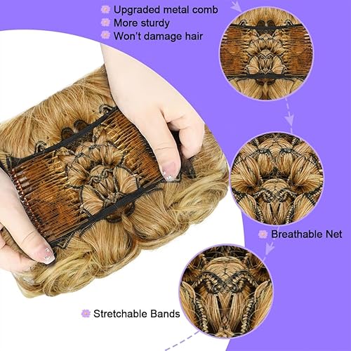 Miniatura 5 de Extensión de moño corto y rizado con peines fáciles de estirar, bandeja para chignon Updo, coletero para mujeres y niñas (12T24 marrón mezclado con