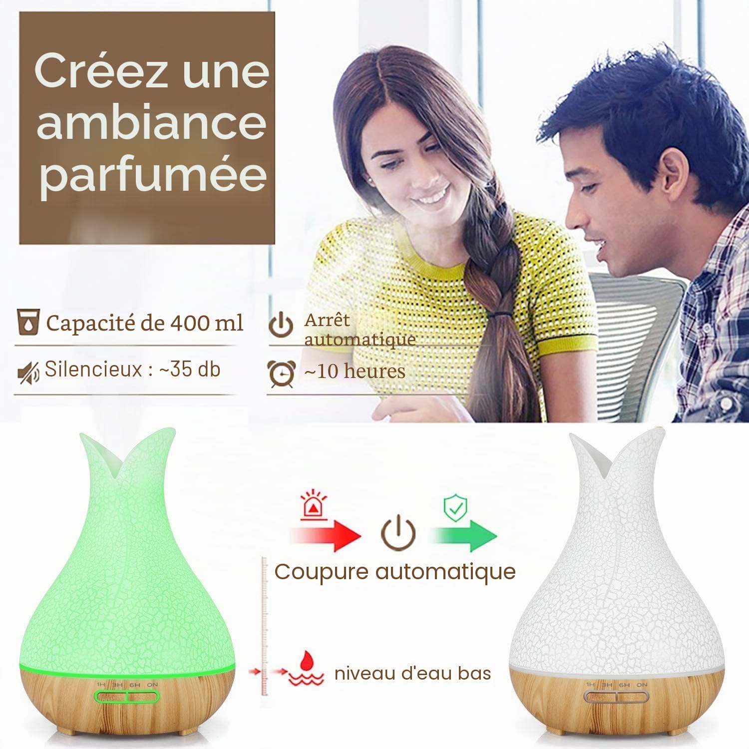 Diffuseur huiles essentielles 400ml, Diffuseur d'aromathérapie 4 minuteries, Humidificateur d'air sans Eau - Arrêt Automatique, 7 LED Couleur diffuseur Parfum Maison