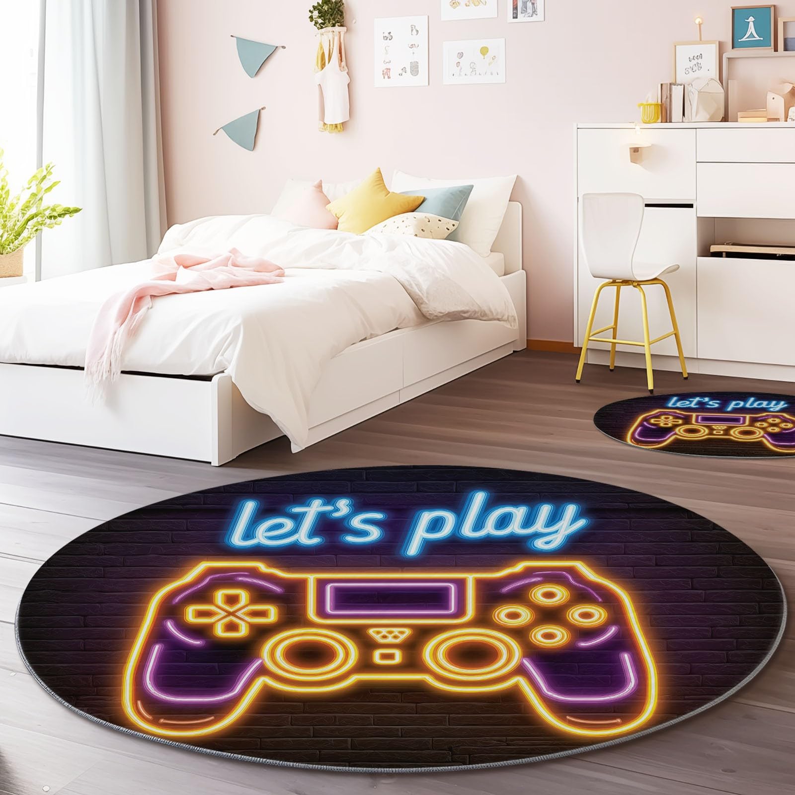 Tapis rond 60 cm manette de jeu lavable antidérapant coloré style gribouillage pour enfant