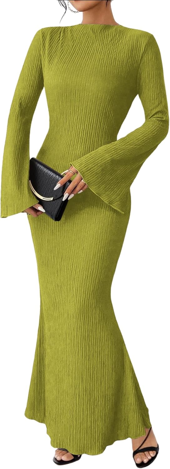 Ammiko Women's Fall Fashion 2025 Long Sleeve Maxi Dresses Solid Color Boho Dress Boat Neck Flare Sleeve Bodycon Dress