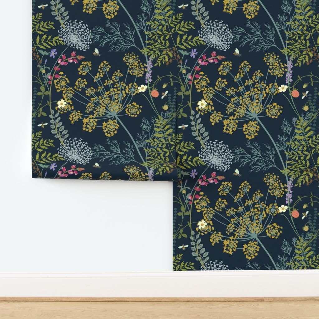 Removable Wallpaper Swatch - Botanical Grasses Honeybees XL Scale Floral Nature Dark Blue Gold Custom Pre-Pasted Wallpaper by Spoonflower