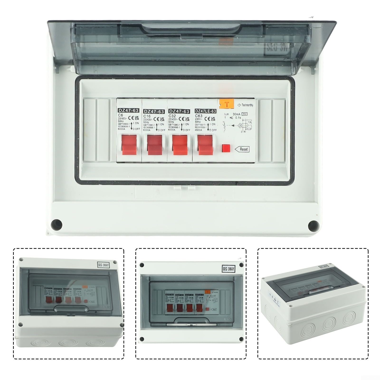 Contador de consumo de 3 vías IP65 con para rcd y 3 x MCB para garaje | Plástico ignífugo, 63 A, 230 V, protección contra cortocircuitos, para garaje, caravana, taller