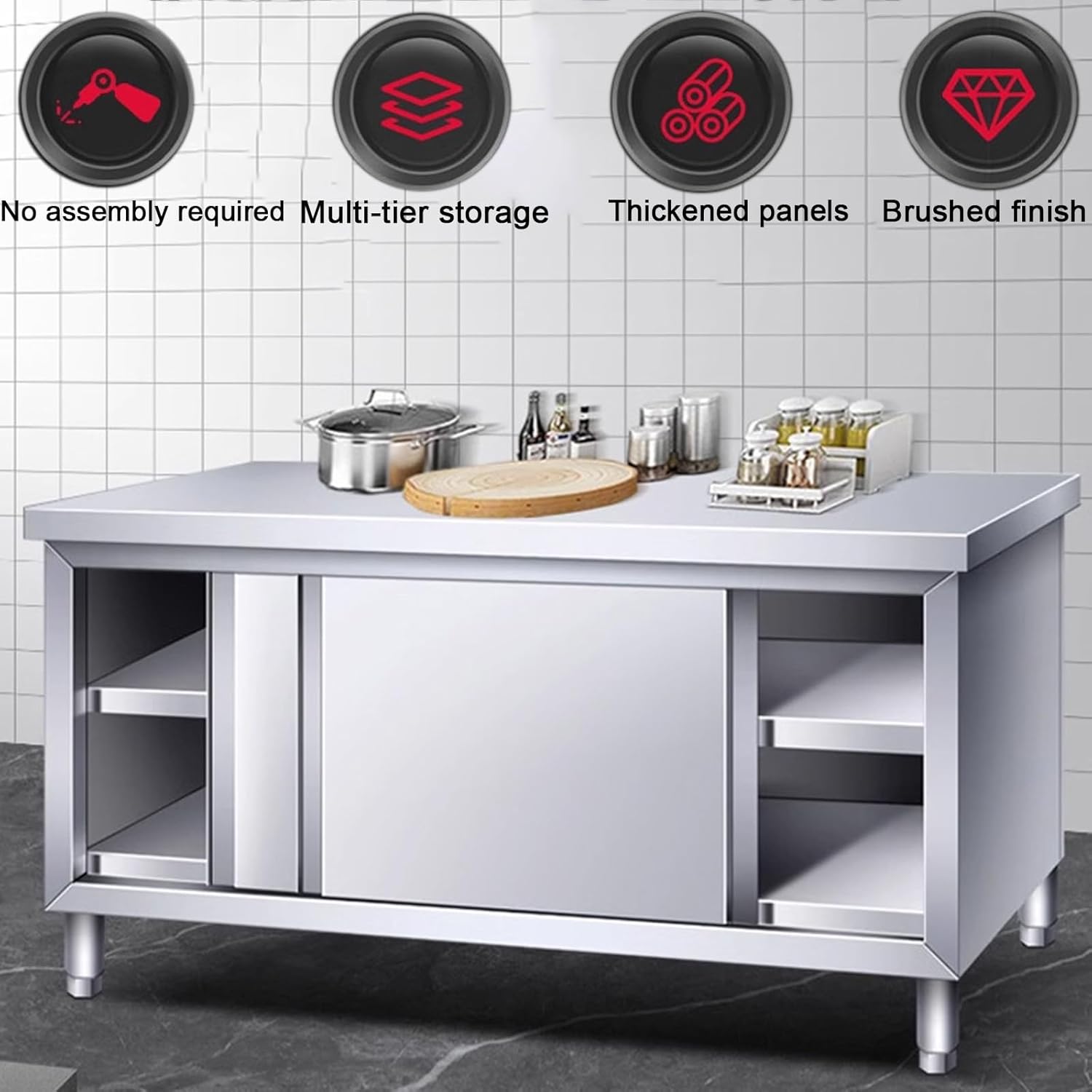 Stainless Steel Workbench with Sliding Doors Adjustable Legs Commercial Kitchen Work Table Reinforced Countertop Beams Folded Edge Design Suitable for Warehouses and Hotels