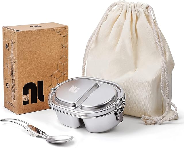 nicelock 2 Compartment Stainless Steel Lunch Box 500ml Small Metal Bento Lunch Box Leak-Proof Food Container with Lid Snack Box for Kids and Adults | BPA-Free Plastic-Free Freezer Dishwasher Safe