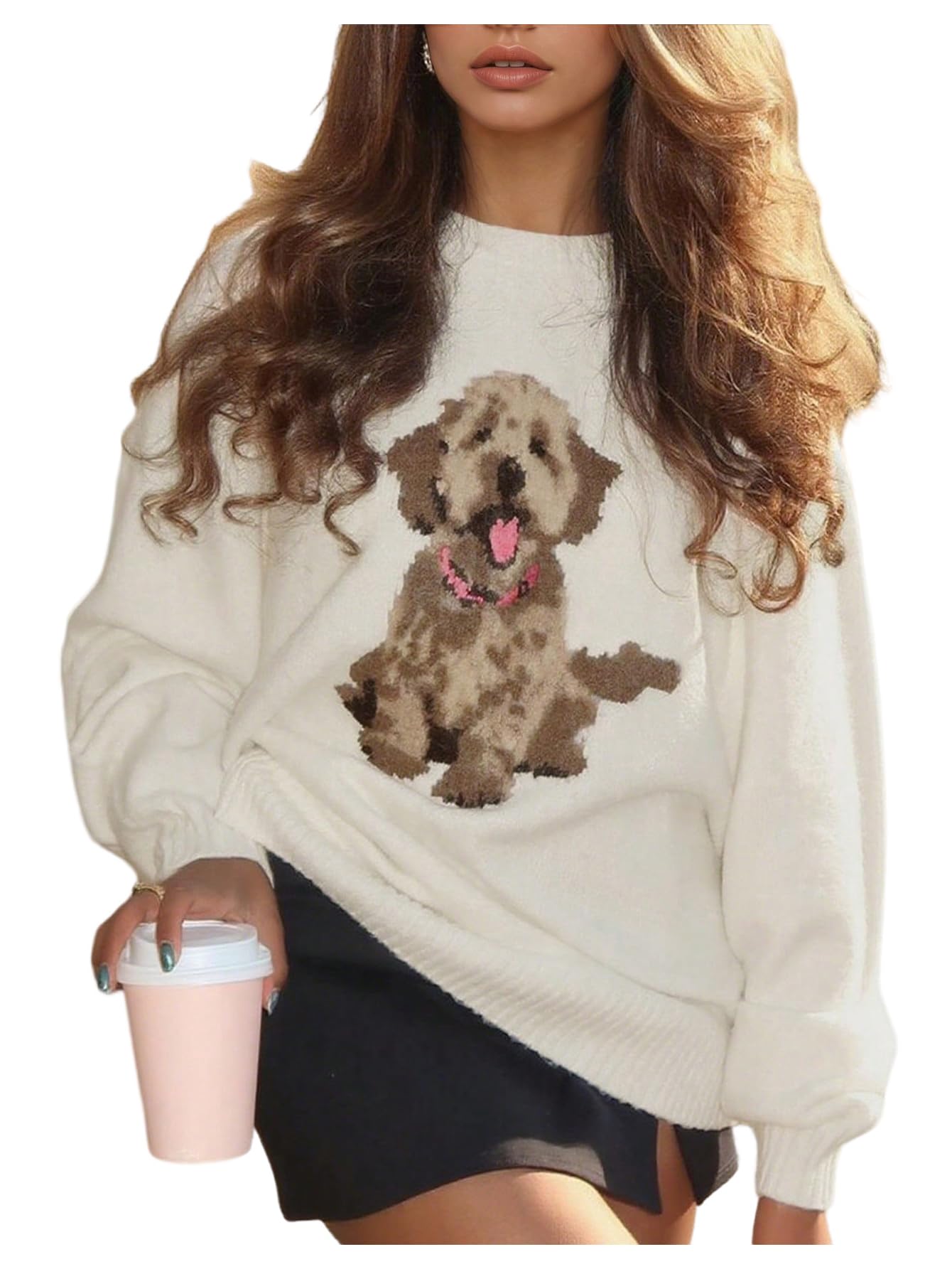 Womens Dog Graphic Sweater Fall Cute Cozy Sweaters Lightweight Crew Neck Long Sleeve Knit Tops Pullover Jumper