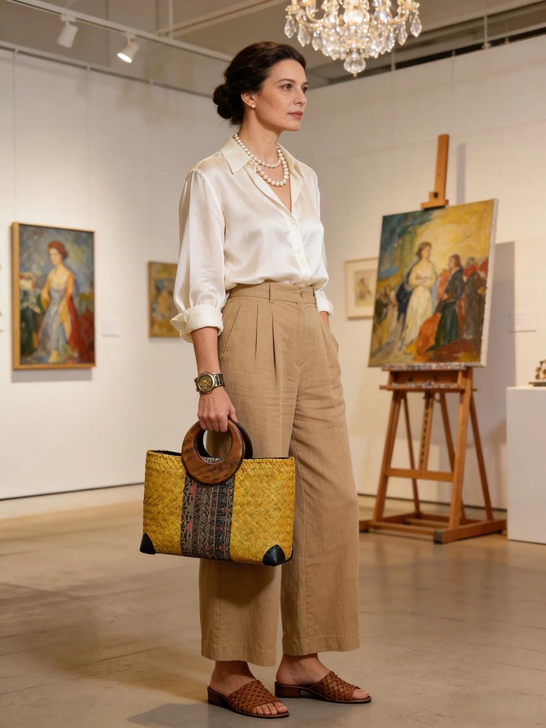 Women Summer Retro Straw Bag with Printing Pattern Hand-woven Beach Handbag Top Round Handle Boho Tote Bag Shopping Travel Large Bag (Yellow 2)