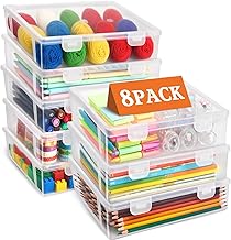 Plastic Pencil Storage Boxes with Snap Lid, Set of 8, Stackable, Transparent, Dustproof, for Storing Stationery, Documents, Pens and Small Tools (L)