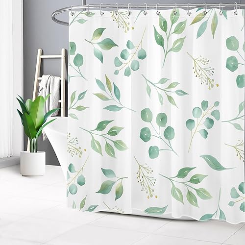 Miniatura 8 de EOBTAIN Cortina de ducha de hojas verdes para baño, cortina de ducha con hojas de eucalipto en acuarela negra con 10 ganchos, juego de cortinas de