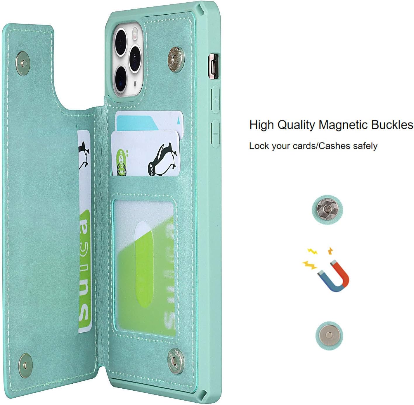 Jaorty iPhone 11 Pro Max Wallet Case with RFID Blocking Card Holder,Premium PU Leather Double Magnetic Buttons Stand Flip Wrist Lanyard Strap Back Cover for iPhone 11 Pro Max 6.5 Inch,Green