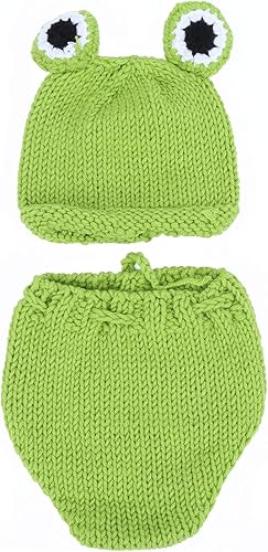 Ropa de fotografía para bebé, ropa de punto de rana verde para bebé, linda rana para fotografía, modelado, sombrero y P (verde)
