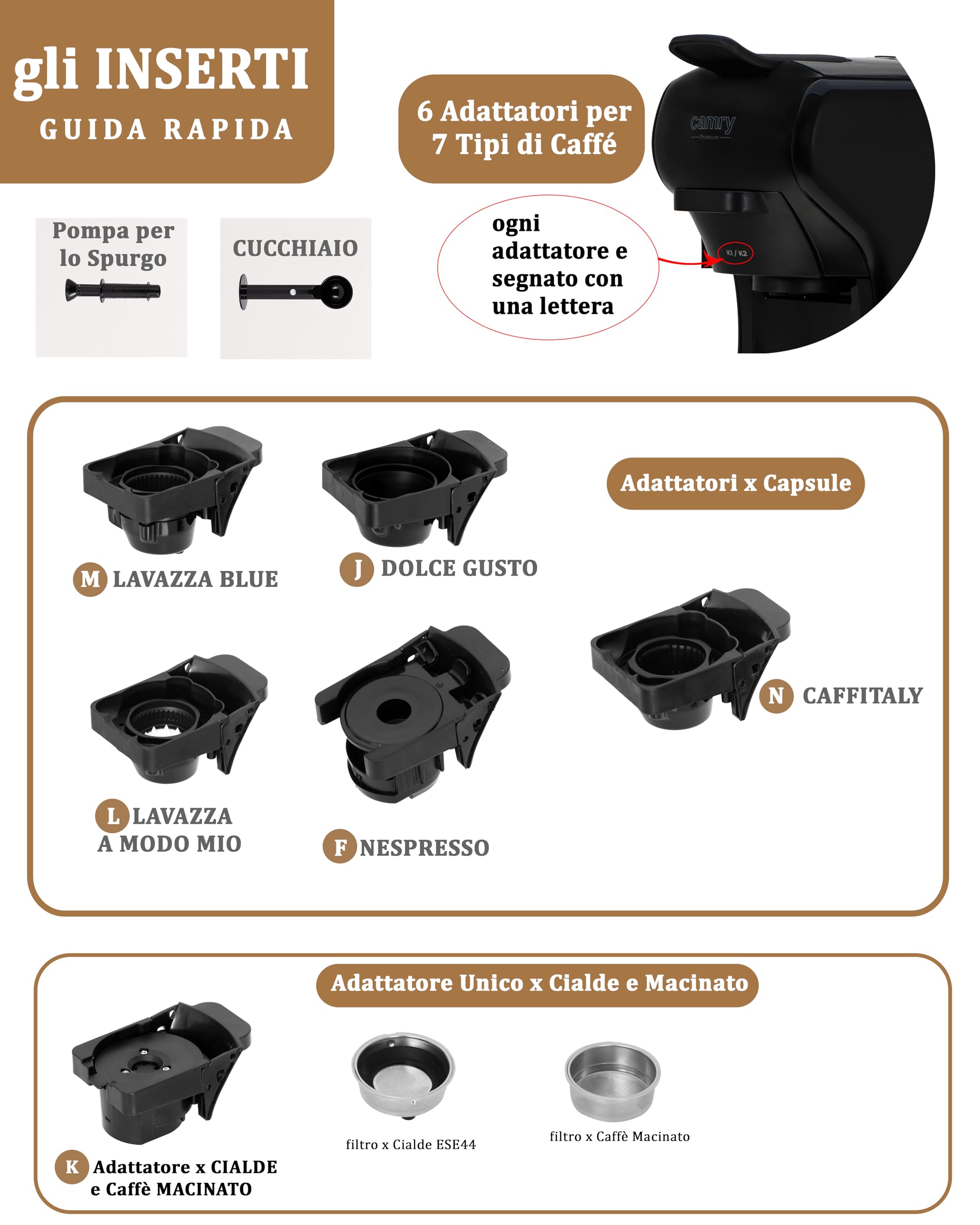 Macchina Caffè CIALDE e CAPSULE 7 in 1 Camry – Compatibile capsule Nespresso, Lavazza A Modo Mio, Dolce Gusto, Caffè Cialde ESE 44, Lavazza Blue, Caffitaly, Caffè Macinato – Kit con 10 Capsule Omaggio