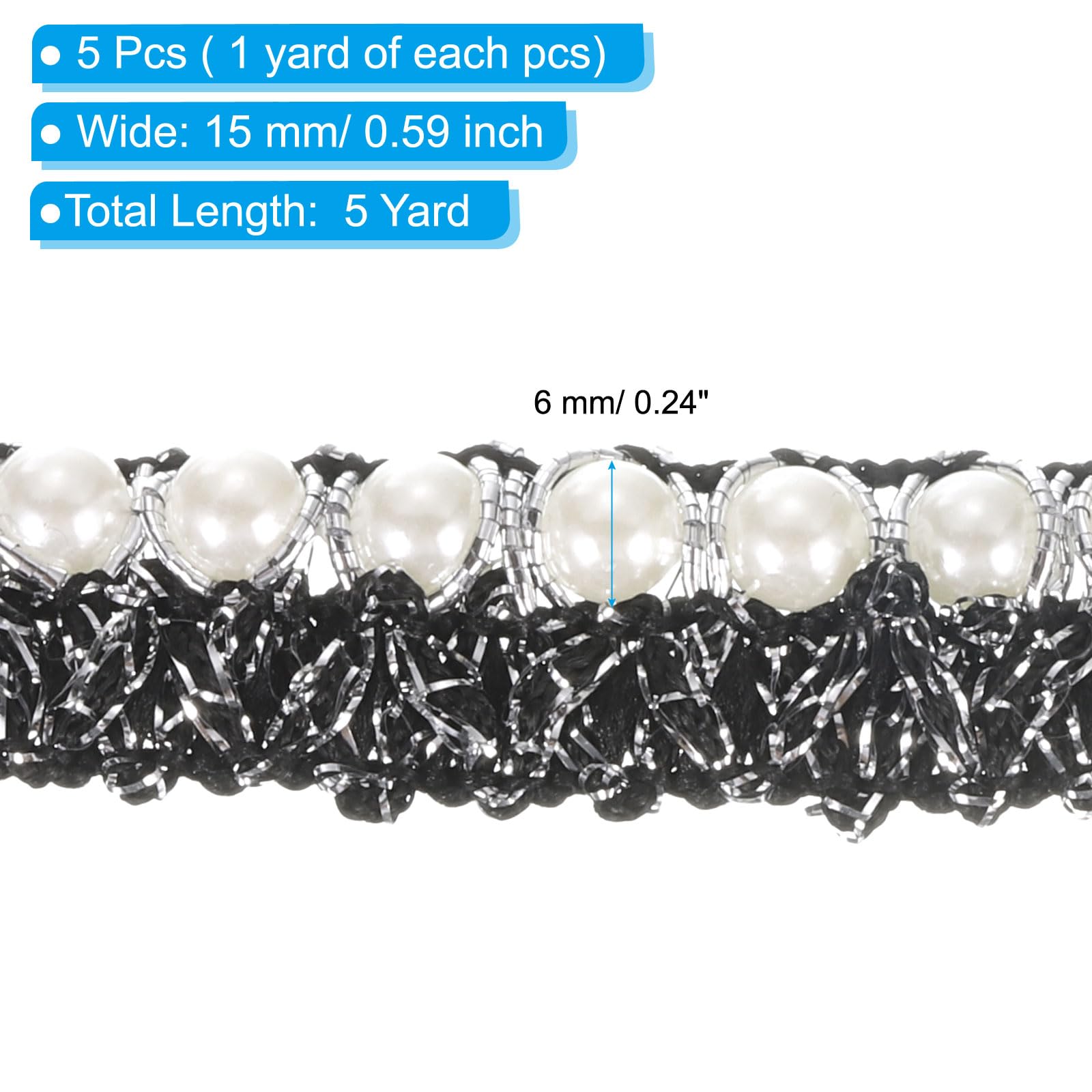 PATIKIL 5 Yard Faux Pearls Lace Ribbon, Black Silver Plastic, Classic Pearl Style, Formal/Special Event Occasion - Image 2