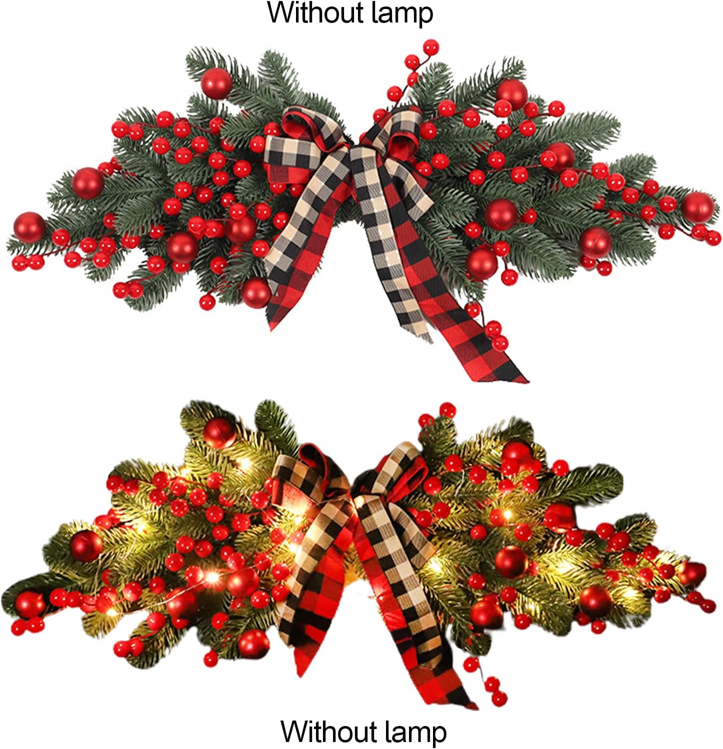 MSUIINT 27.6 Artificial Christmas Swag, Winter Pine Needles Decor Lintel with Plaid Ribbon Bow and Red Berry, Front Door Christmas Wreath for Holiday Wall Window Fireplace Decor, Without Lamp