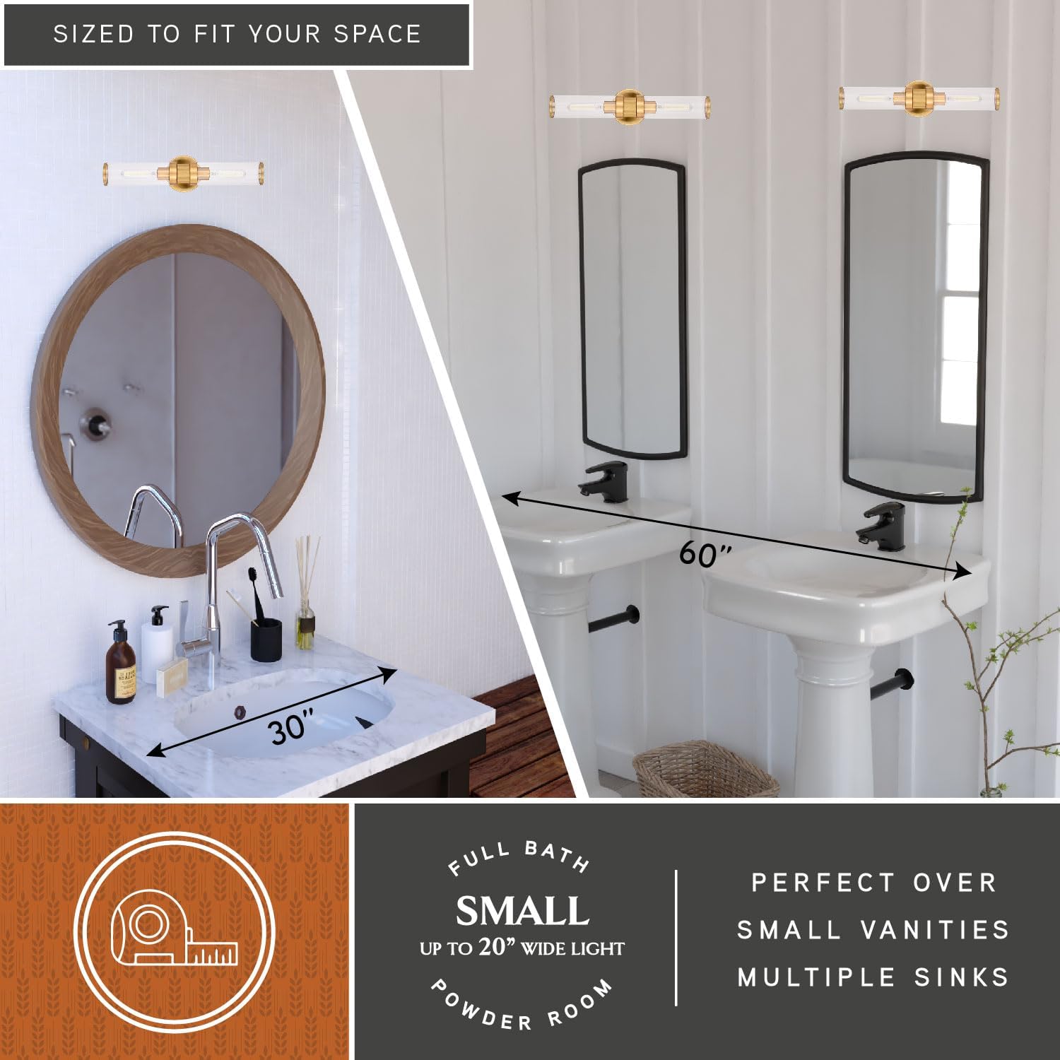 VAXCEL Levitt 2 Light Bathroom Vanity Fixture, Mid Century Modern Industrial Style, Satin Brass Finish, Clear Glass