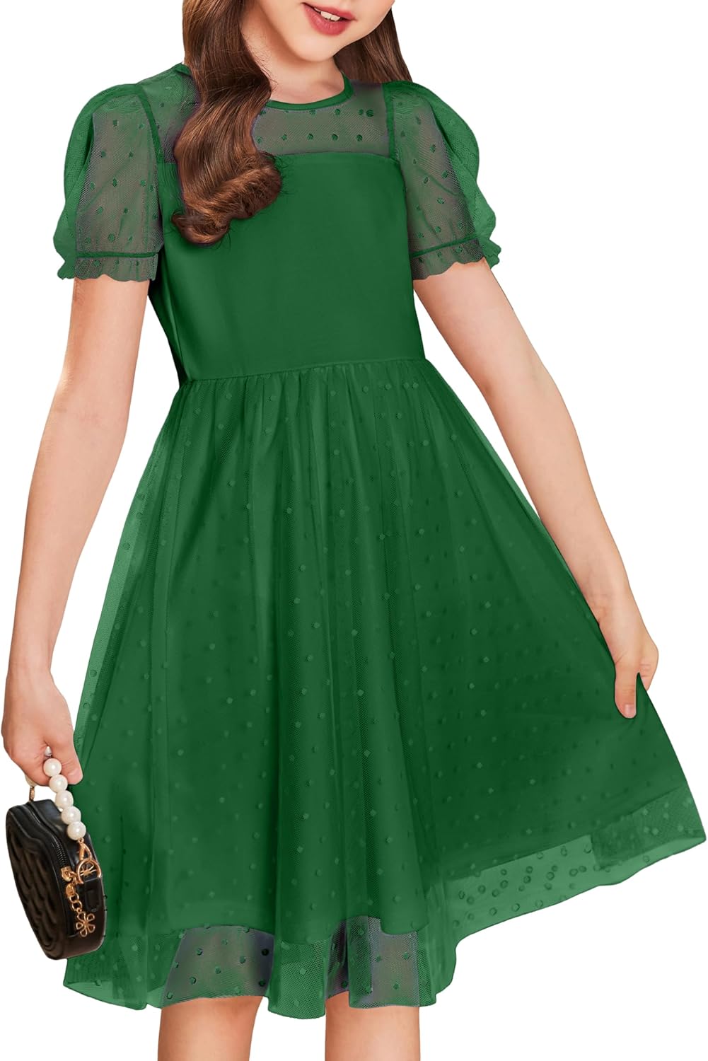 Arshiner Girls Dress Contrast Mesh Puffy Short Sleeve A Line Casual Party Dress 3-12 Years