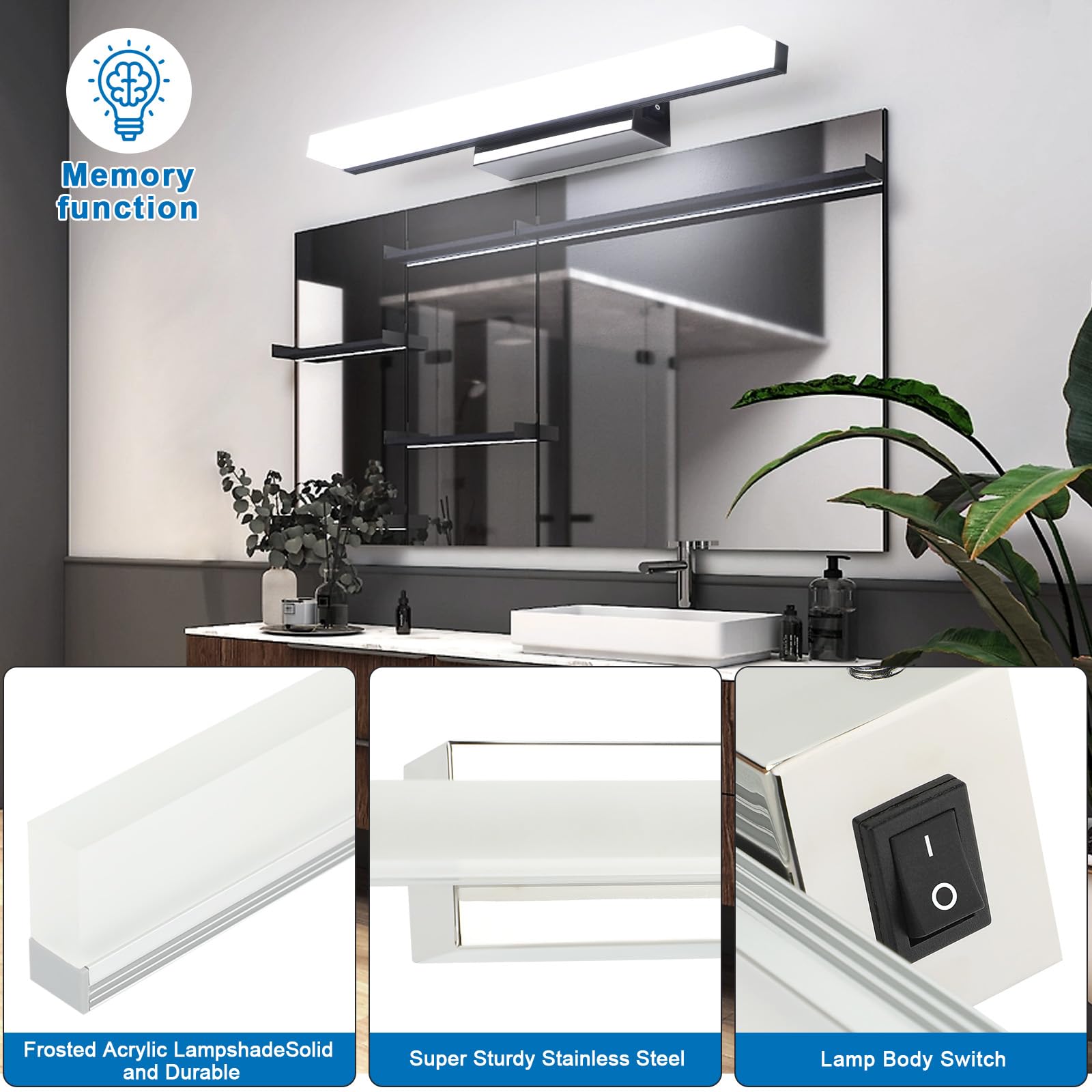 Lightess 40cm Applique Salle de Bain LED 6W 6000K IP44 Inox | Lampe Miroir Blanc Froid, IP44 Étanche, Acier Inoxydable, avec Interrupteur, pour Toilette Maquillage