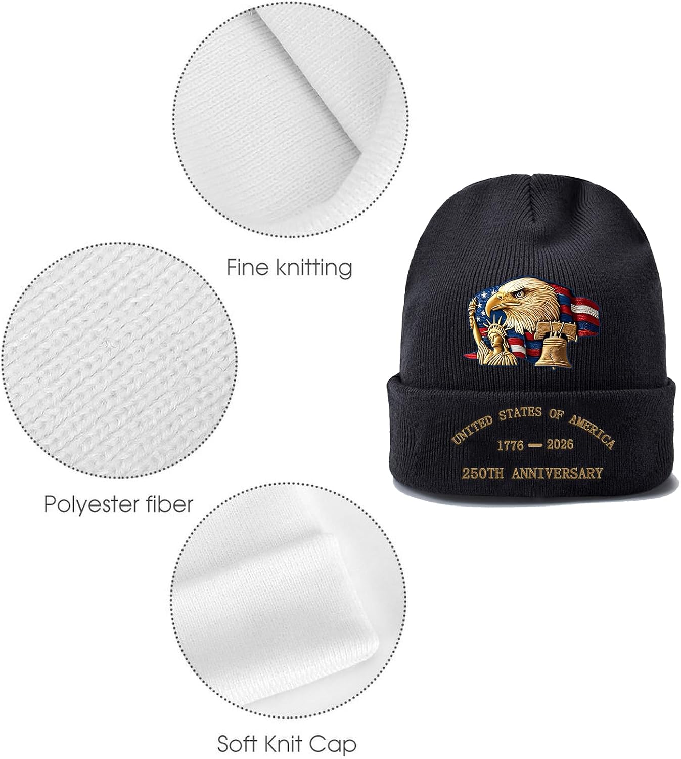 Liberty United States 250 Anniversary Skull Cap 250th Years Celebration Warm Knitted Hat 3D Printed & Embroidery - Image 3