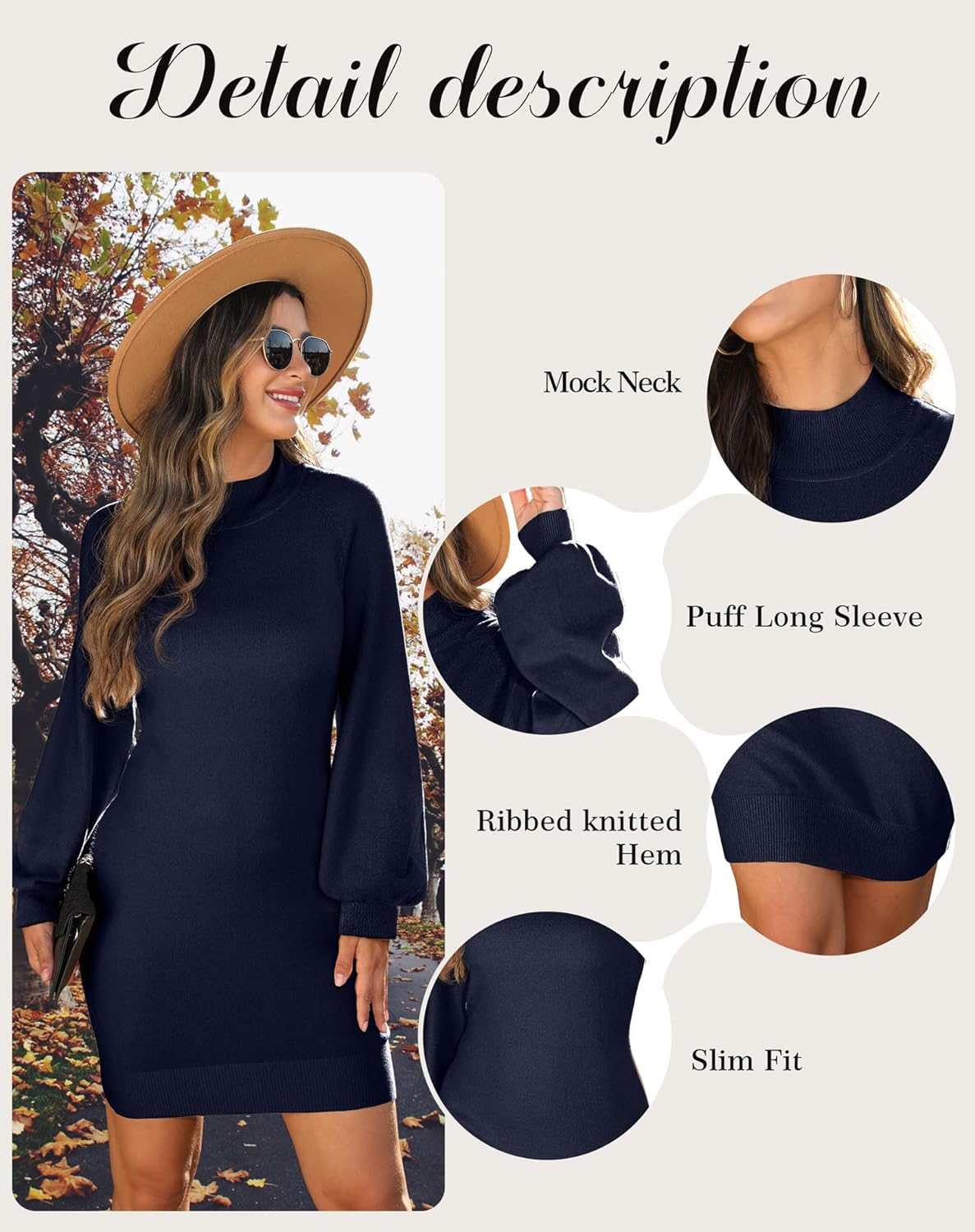 GRECERELLE 2026 Women's Mock Neck Ribbed Long Sleeve Bodycon Pullover Cute Mini Sweater Dress (XS-2XL) - Image 6