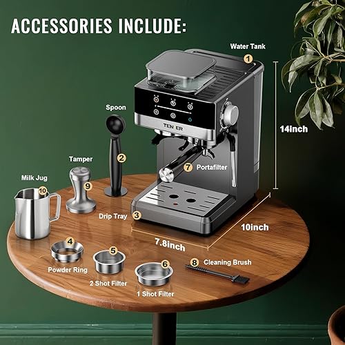 Miniatura 8 de TENKER Máquina de café expreso con molinillo, cafetera de 20 barras con espumador de leche para el hogar, cafetera de acero inoxidable todo en uno