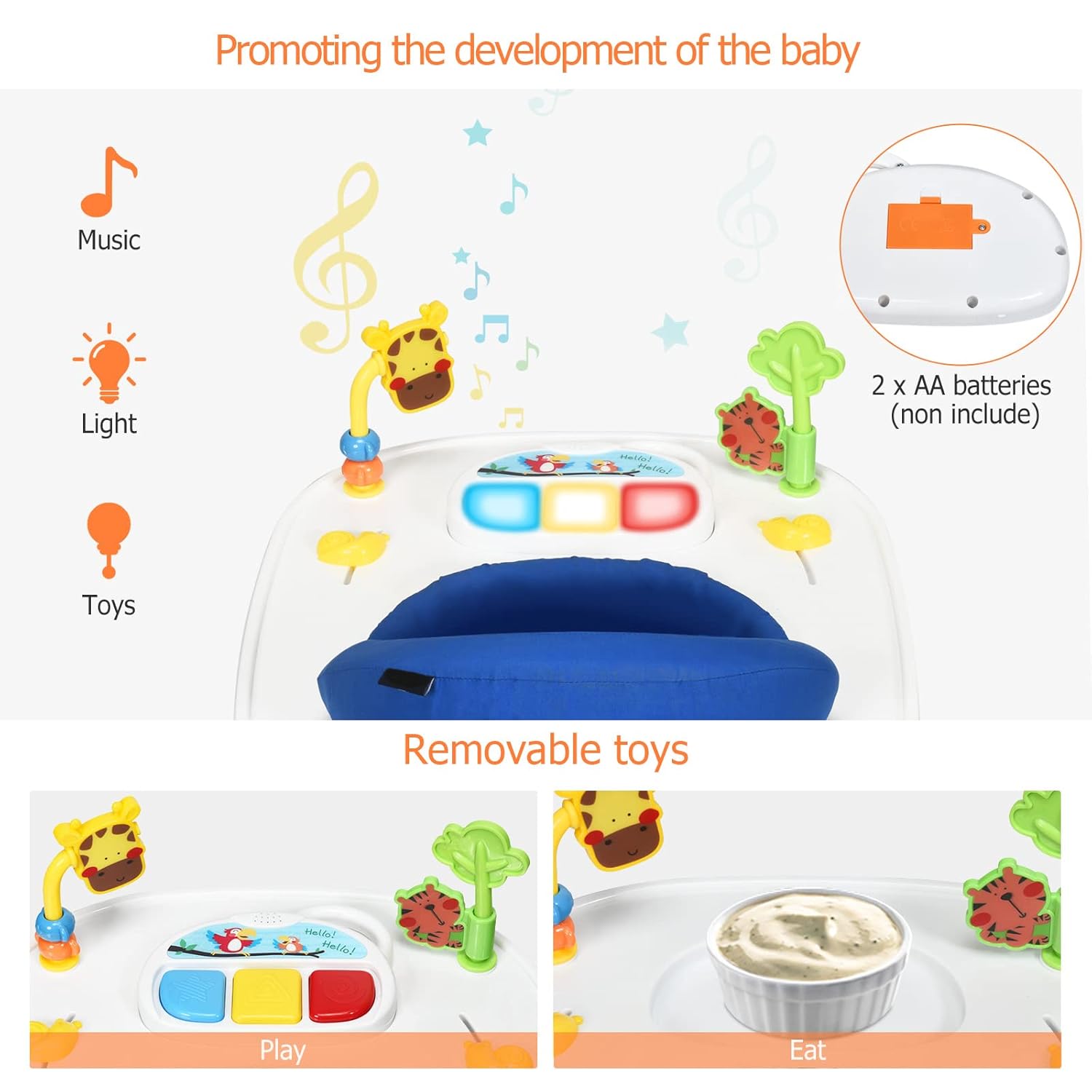 Image showing the walker's activity tray with music box for play and a bowl for eating when the music box is removed
