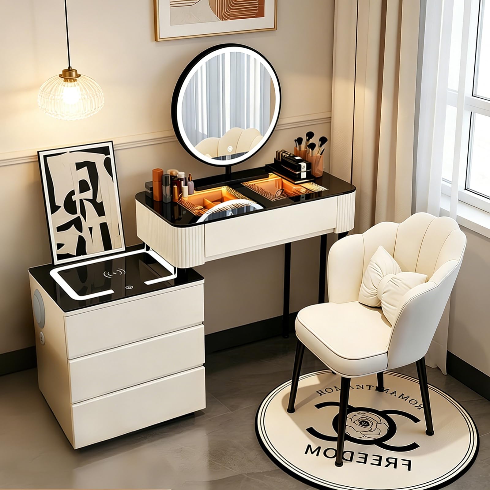Goldonion Dressing Table with LED Mirror, Wireless Charging & Stool, Modern Vanity Table with Side Cabinet, Makeup Table for Bedroom, Compact Cosmetic Desk with Storage Drawers (White, 80cm)