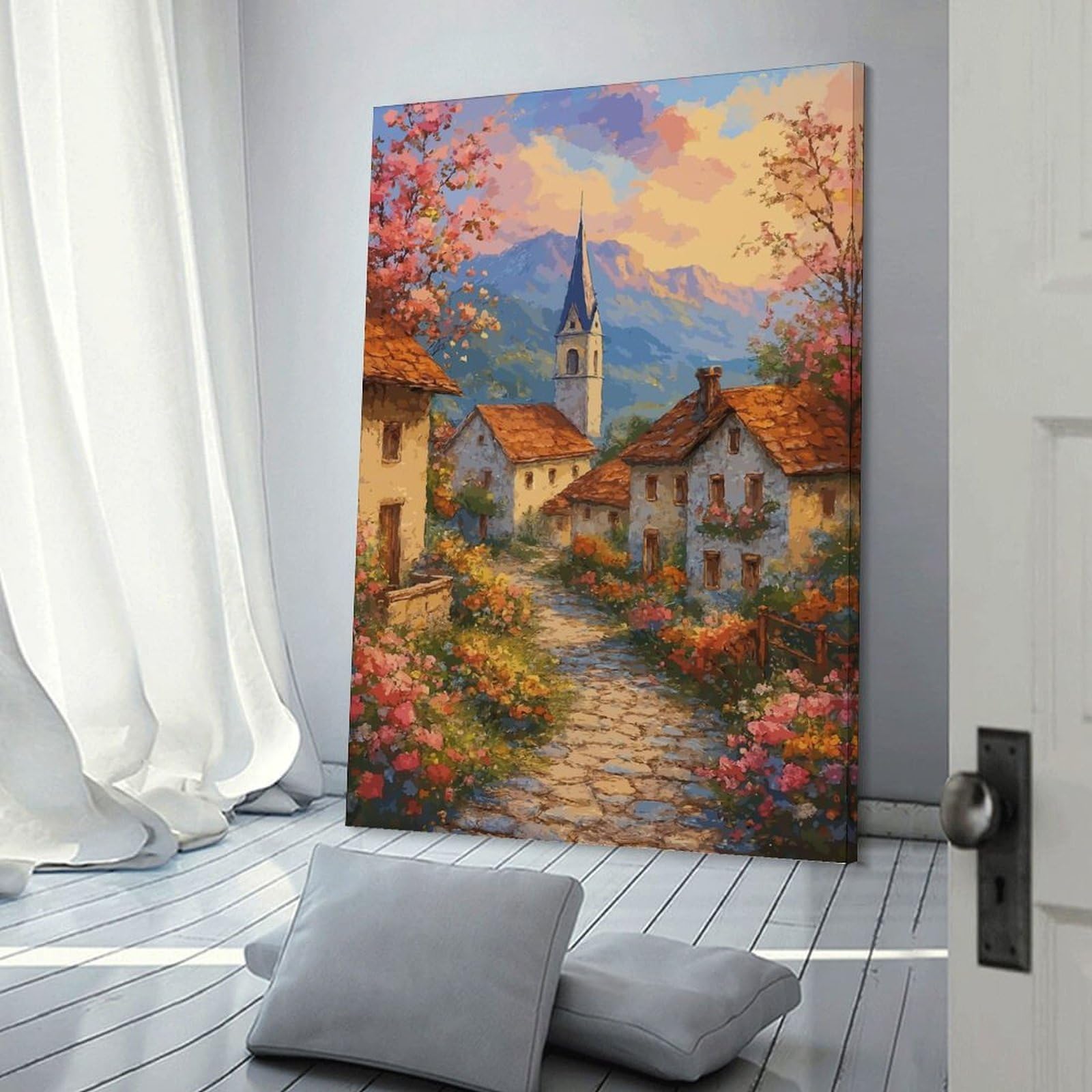 Junmoney Room Decor Wall Art Idyllic Village Scene with Flowers, 20x30inch(50x75cm), for Workspace Walls, Study Corners Or Bedrooms, A Smart Decor Choice for Study Walls