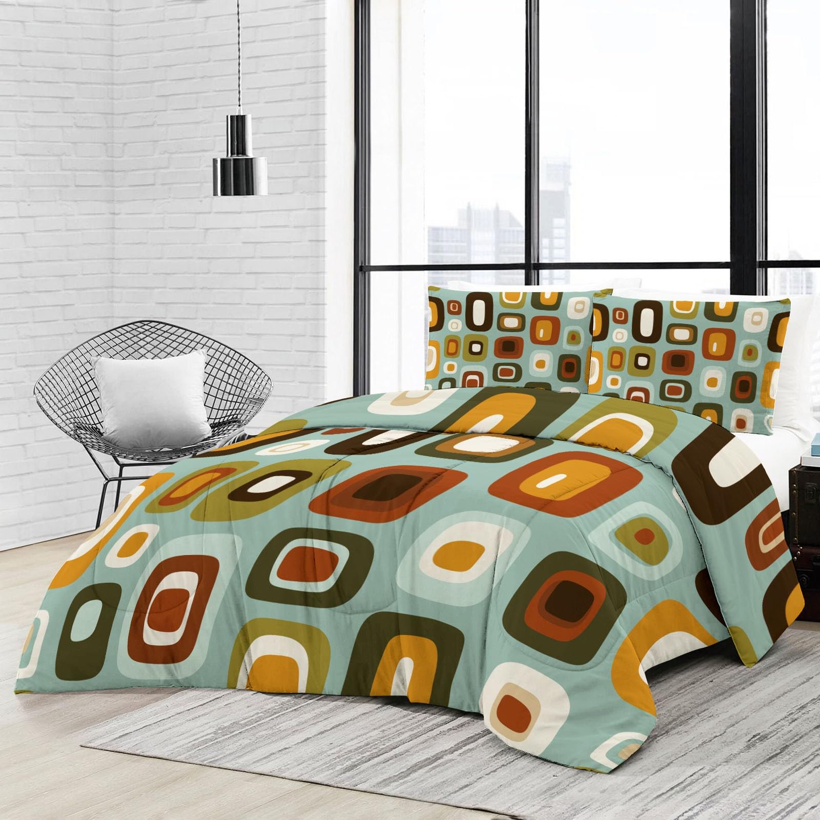 uego de Colcha Cama Bloques de Color geométricos Retro Colcha Estampada 200 x 200 cm Cubrecama Microfibra con 2 Fundas de Almohada, Manta de Verano Cama Superligera con Elegante Color Naranja