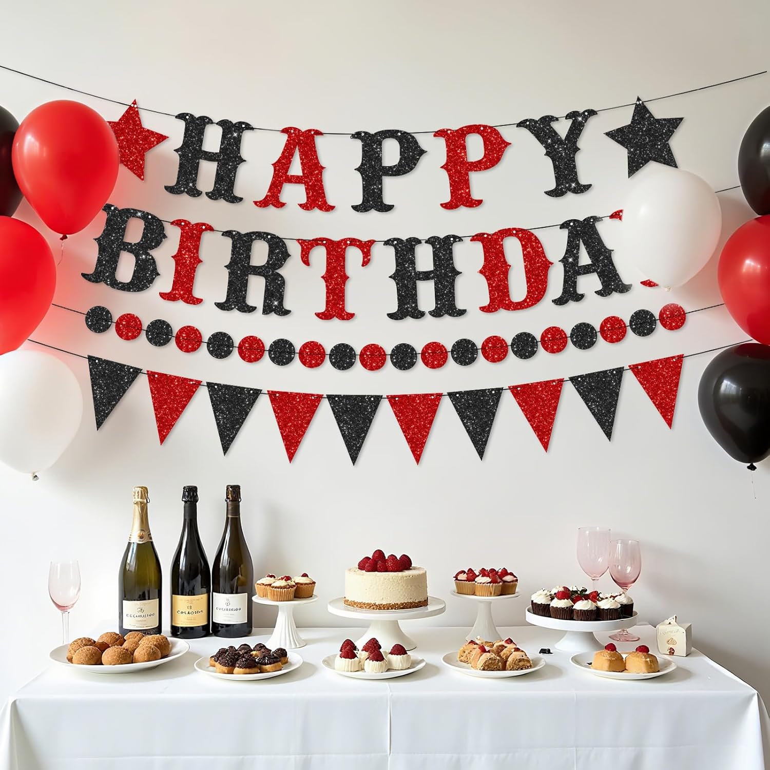 Black and Red Happy Birthday Decorations Kit 4 Pcs Black Red Birthday Banner Garland Glitter Birthday Sign for Women Men Boys Girls Halloween Killer Horror Party Decor Supplies - Image 2