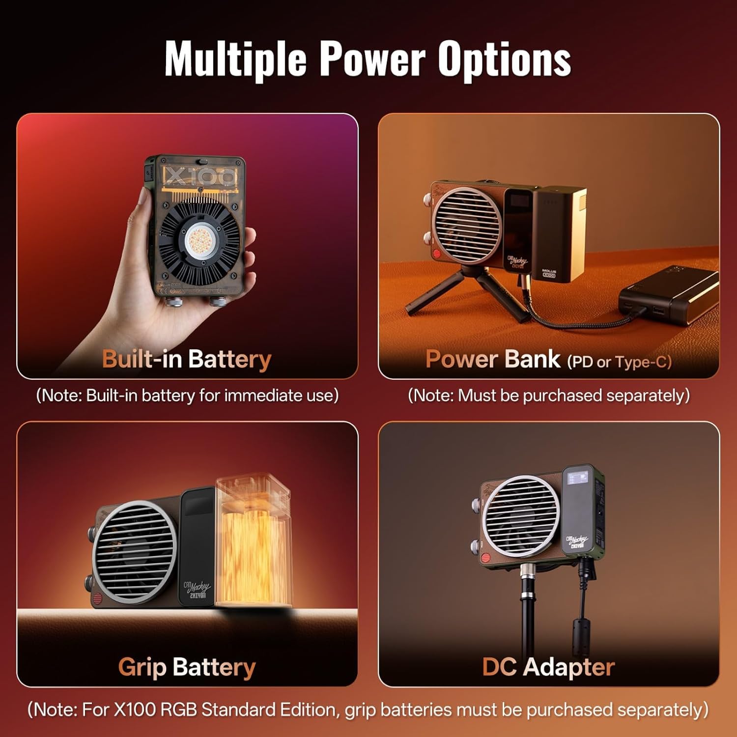 ZHIYUN MOLUS X100 RGB PRO V2 100W Full Color Portable RGB Video Light Continuous Output Lighting with PD Fast Charging,CRI 95+, APP Control 384g for Youtuber Tiktok