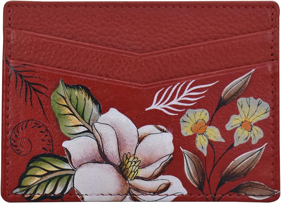Anuschka Women’s Hand-painted Genuine Leather Credit Card Case - One Open Pocket, Four Card Holders - Crimson Garden