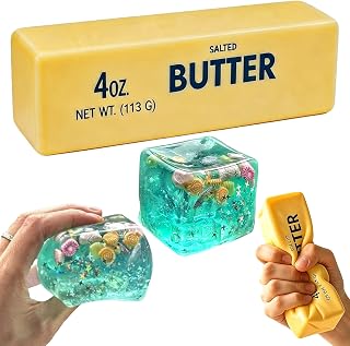 2 Pcs Butter Squishy & Stress Relief Cube Set, Slow Rising Sensory Fidget Toy with Realistic Butter Stick and Ice Squeeze Ball with Marine Shells, Soft Anxiety Relief Squishies for Adults