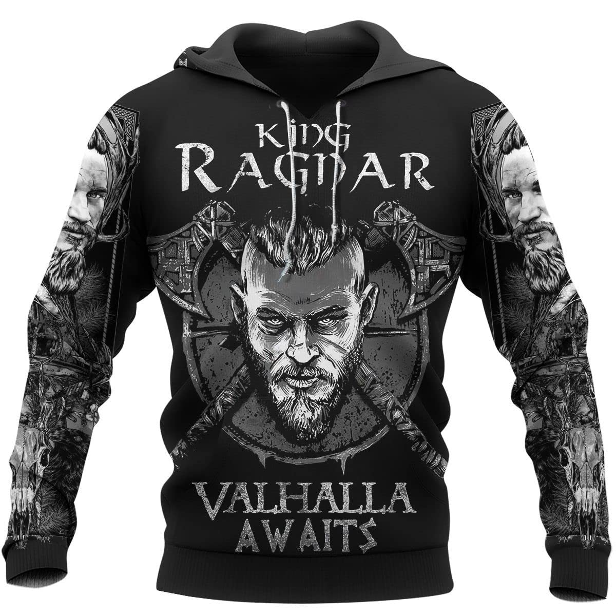 WSXJJ Viking Tattoo Valhalla Skull Sweatshirt Nordic Mythology Print Warrior Hoodie Men Retro Jacket Shirt Pullover,King Ragnar Hoodie,4XL