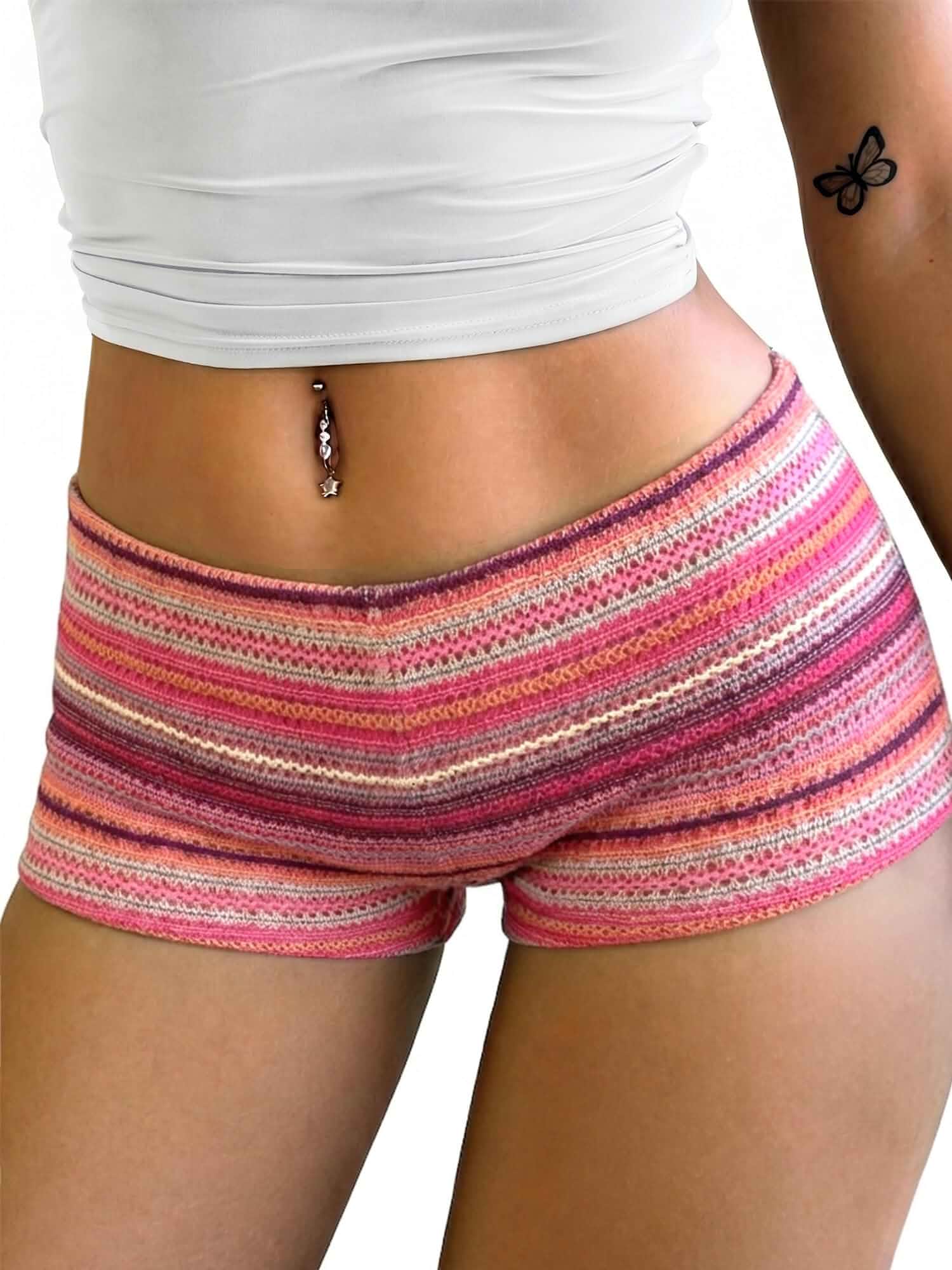 ELLEVEN Women's Elastic Crochet Striped Knit Shorts Y2K Sexy Micro Shorts for Women, Summer Beach Outfits, Festival Mini Shorts