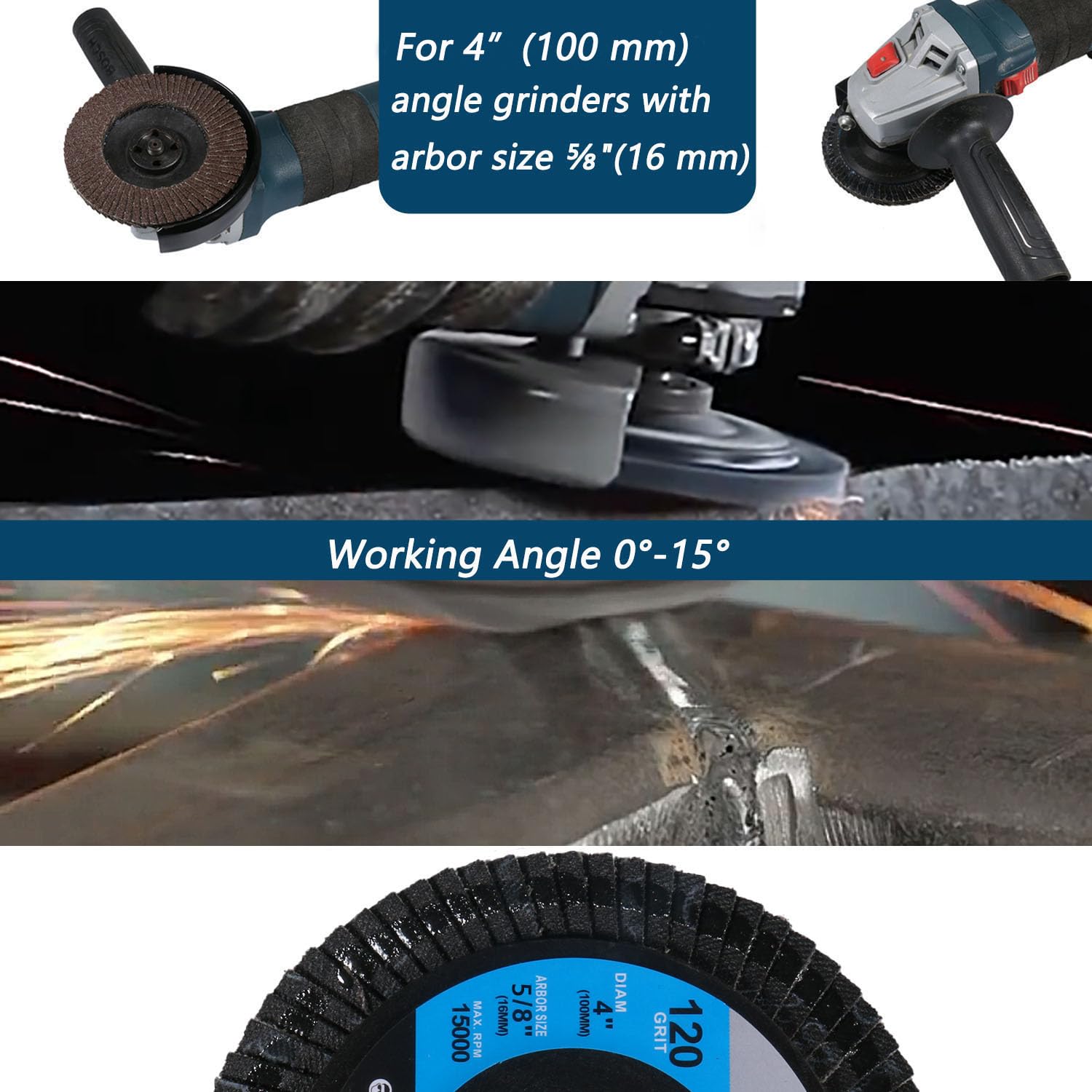 10 Packs 120 Grit Flap Discs for Angle Grinders, 4" x 5/8" Flat Type (T27) Flap Grinding Wheel, Enhanced Calcined Zirconium Abrasive Sanding Disc, Suitable for Both Metal and Wood