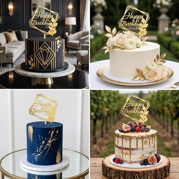 Happy Birthday Cake Topper Gold - Acrylic Elegant Cake Decoration with Geometric Design for Adult Party, Wedding, Anniversary - 2