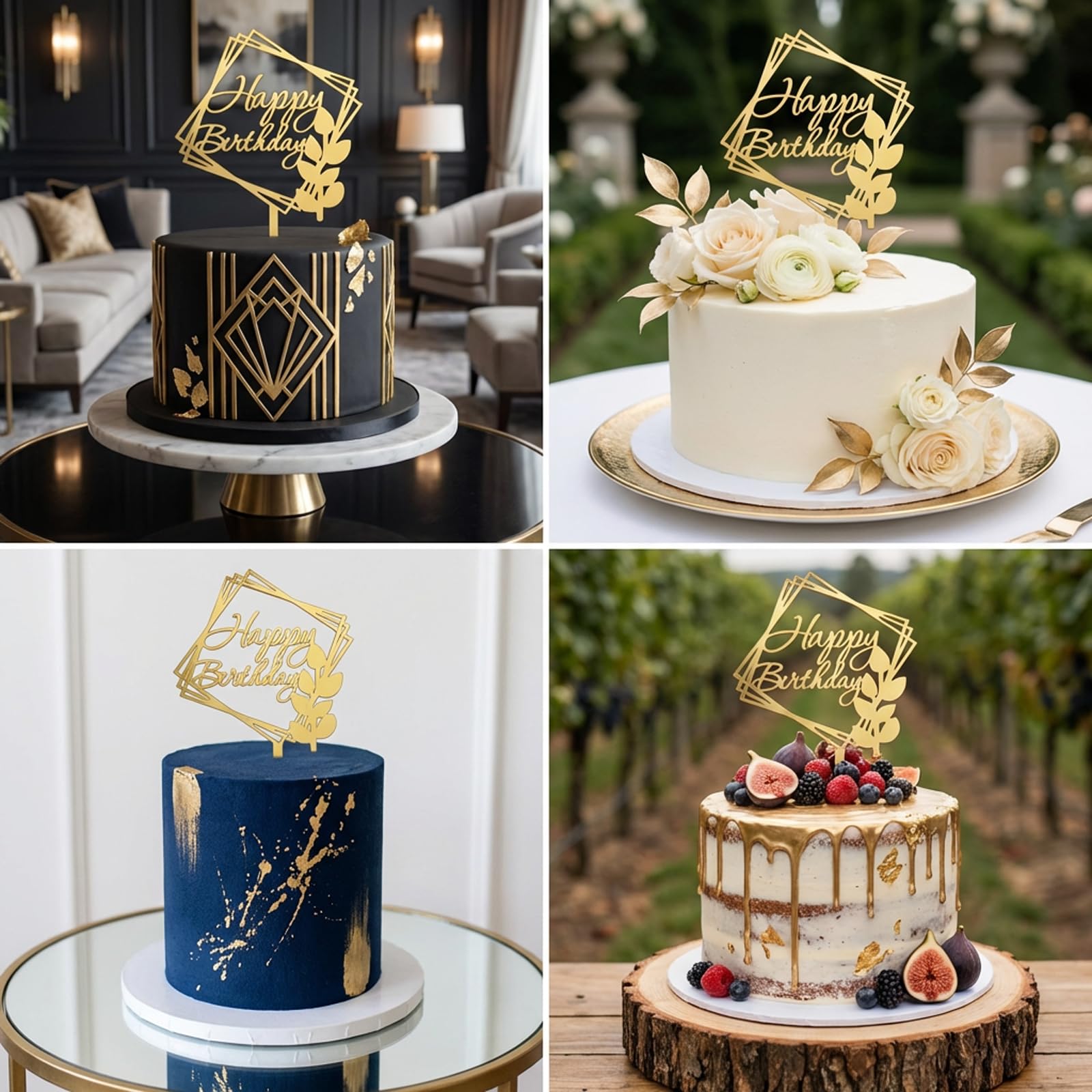 Happy Birthday Cake Topper Gold - Acrylic Elegant Cake Decoration with Geometric Design for Adult Party, Wedding, Anniversary — view 2