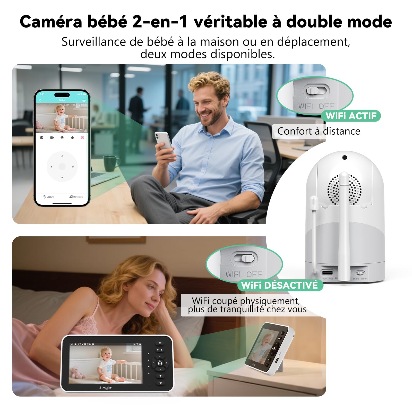 Simyke Moniteur Vidéo pour Bébé, 2 Caméras, Écran IPS 5'' HD, Contrôle App, Vision Nocturne, Alertes Mouvement, Conversation Bidirectionnelle, Accès Multi-Utilisateur, Sécurité Triple
