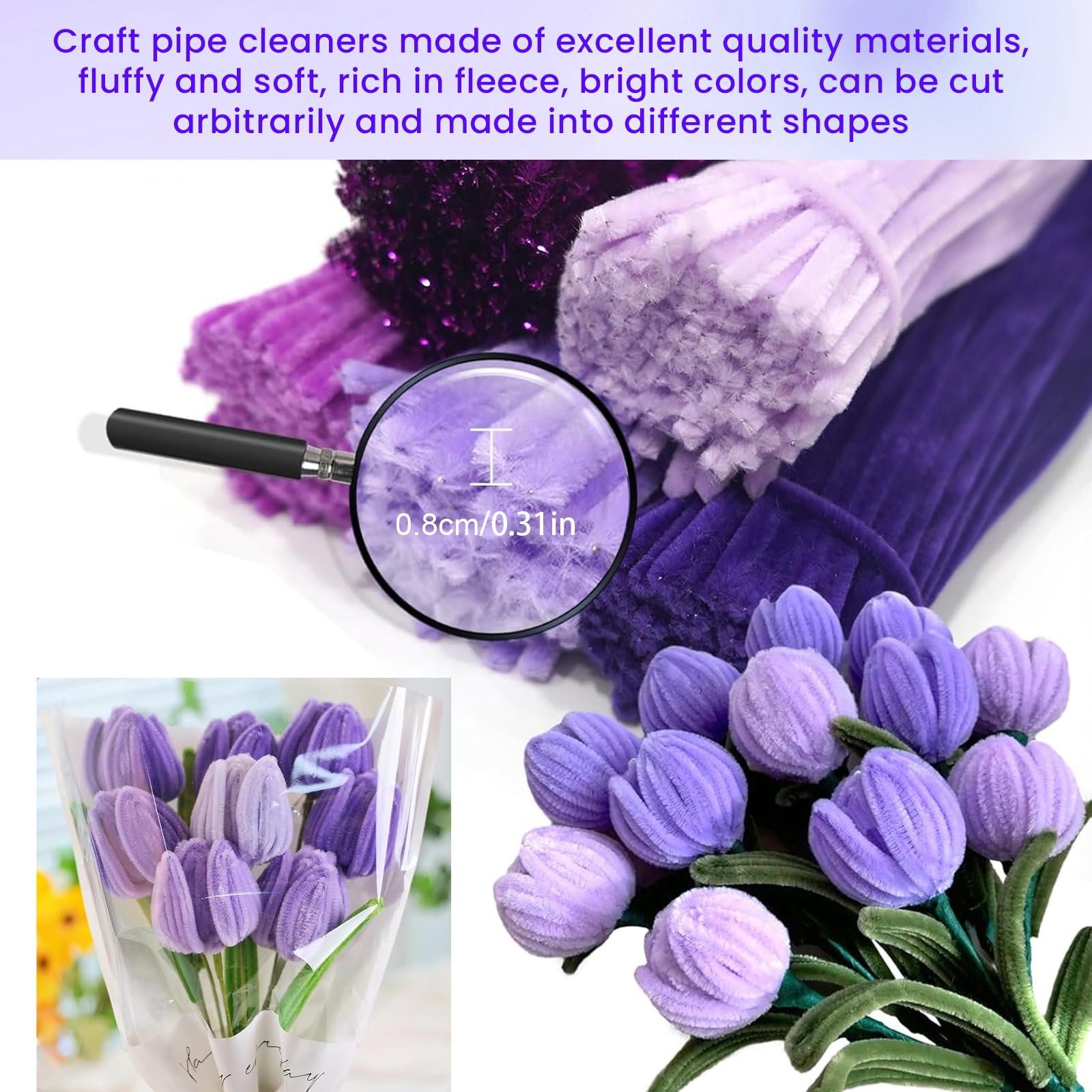 NICKLIN Purple Pipe Cleaners Craft,Chenille Pipe Cleaners Craft Tulip Set DIY Pipe Cleaner Flowers Kit with 240 Pcs Colourful in 4 Colours 15 Florist Wire,1 Florist Tape for Decoration - Image 4